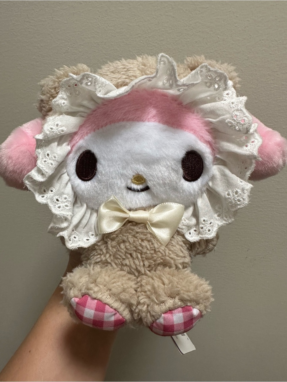 New Sanrio My Melody Bunny 5.9” Soft Plush, Frill Bear Gingham Pink Tan Round 1